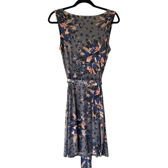 LOFT NWOT FLORAL SWING DRESS COWL NECKLINE SLEEVELESS TIE WAIST GRAY PINK SMALL - Picture 6 of 9